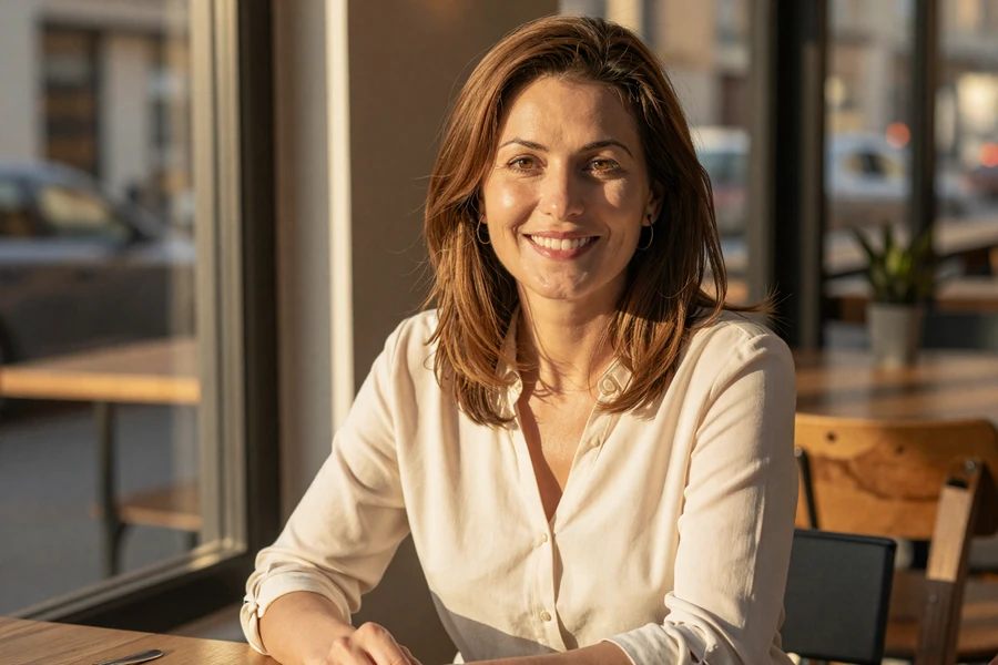 A woman in her early fifties smiling warmly at a sunlit cafe table, representing authentic mature dating connections on Loviaflame